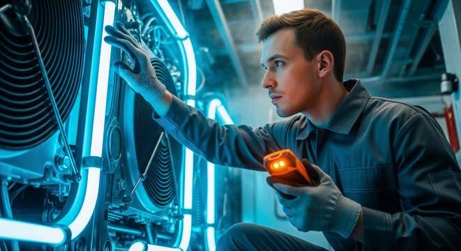 Technician inspecting futuristic cooling system with digital scanner