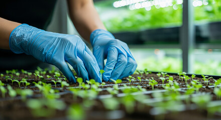Scientist hands nurturing seedlings in a high-tech indoor vertical farming laboratory