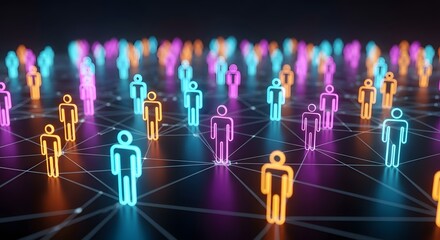 Connected human figures illuminated by neon lights in a digital network