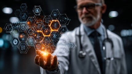 Experienced doctor showcases futuristic medical technology network demonstrating innovation and advanced healthcare solutions for modern medicine