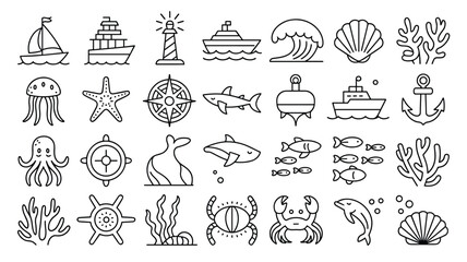 Ocean themed outline drawings of sea life and nautical elements for graphic design projects