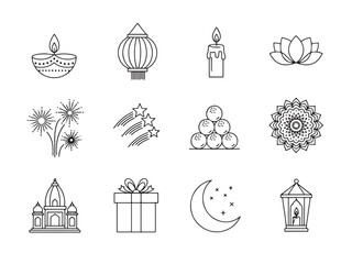 Festival Icons Collection. Festival of Lights Icons linear icon set: diya, lantern, candle, lotus, fireworks, stars, sweets, rangoli, temple, gift, moon, lamp.