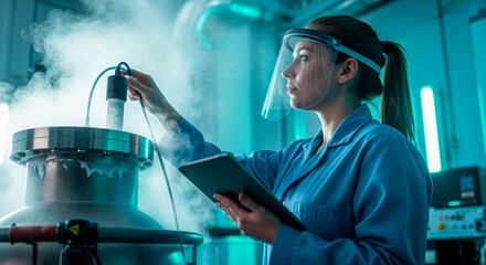 Female scientist monitoring cryogenic equipment with a tablet in a high-tech laboratory