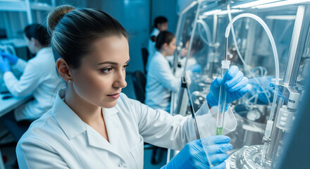 Focused female scientist adjusting biotech equipment in a modern laboratory