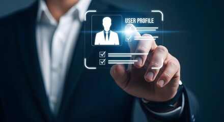 Businessman interacting with digital profile interface