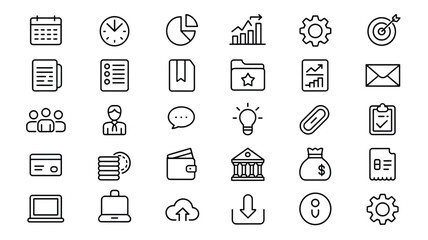 Collection of business office finance management and marketing outline style icons set design