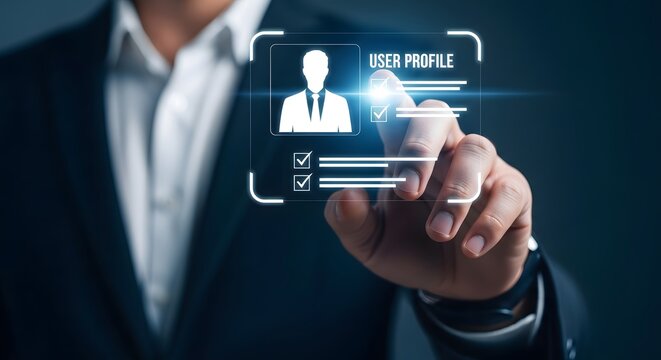 Businessman interacting with digital profile interface