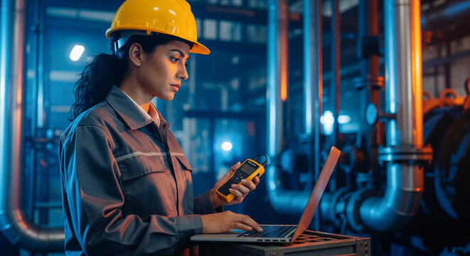 Female engineer analyzes industrial data using laptop and meter in modern factory