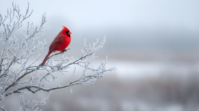 A single, bright red cardinal bird perched on the frosted branch of a bare tree against a soft, overcast winter sky.