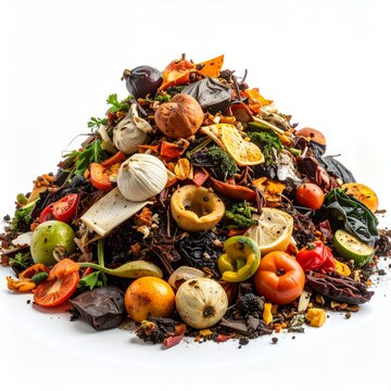 Large Pile of Organic Food Waste and Compostable Scraps on White Background.