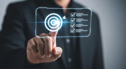 Business professional interacting with a futuristic holographic display showing goals and tasks