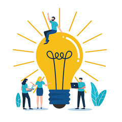Diverse team collaborates on a bright yellow lightbulb idea with brainstorming sticky notes inspiring innovation and teamwork in a modern office setting with green plant accents symbolizing growth