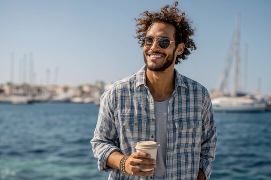 A man with curly hair and sunglasses holding a cup of coffee