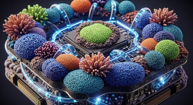 Futuristic platform with colorful