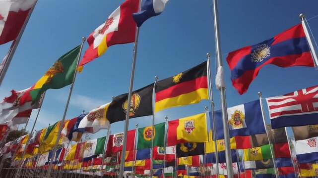 A Vibrant Display of International Flags Fluttering in the Breeze Under a Clear Blue Sky.