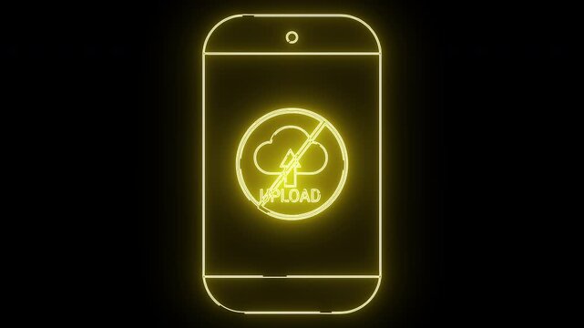 Yellow neon outlines a smartphone displaying a no upload icon a cloud crossed out circle upward arrow  word upload