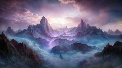 A breathtaking landscape of towering mountains shrouded in mist, with a vibrant sky filled with clouds and a soft, ethereal glow.