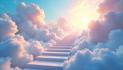 A stairway to heaven with clouds and bright sunlight shining through the beautiful sky above steps