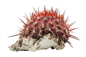 Stunning red cactus with sharp spines on earthy rock detail
