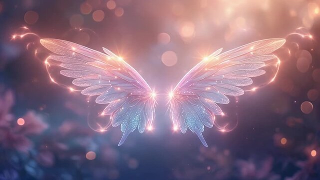 Fairy wings flapping gently with glowing trails, soft pastel bokeh lights, creating a magical, dreamy, and enchanting fantasy atmosphere in motion.