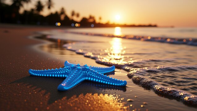 Blue starfish on beach at sunset - Powered by Adobe