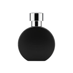 Elegant Black Perfume Bottle with Silver Cap Isolated on Transparent Background Minimalist Luxury Fragrance Container