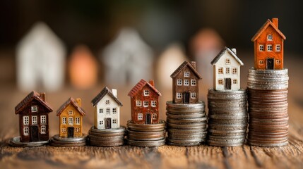 A visual representation of miniature houses stacked on coins, illustrating the concept of real estate investment and financial growth.
