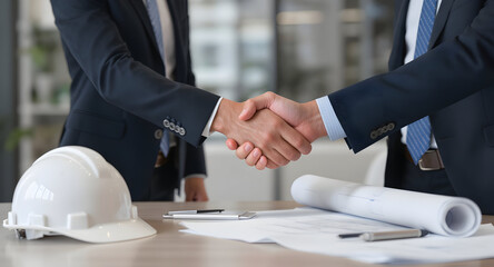 Successful Business Deal - Two Professionals Shaking Hands Over Architectural Plans and Hard Hat.