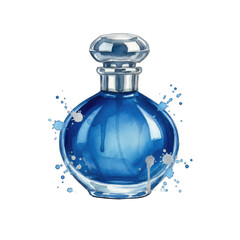 Elegant Blue Perfume Bottle With Watercolor Splashes And Silver Accents Isolated On A Black Background Artistic Representation Of Fragrance And Luxury