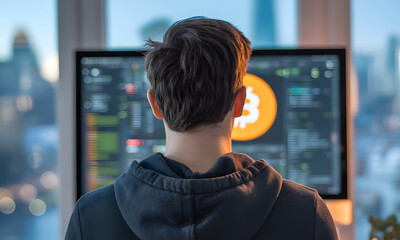 Man analyzing Bitcoin price on computer screen, financial trading concept.