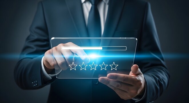 Businessman interacting with futuristic digital interface displaying chinese characters