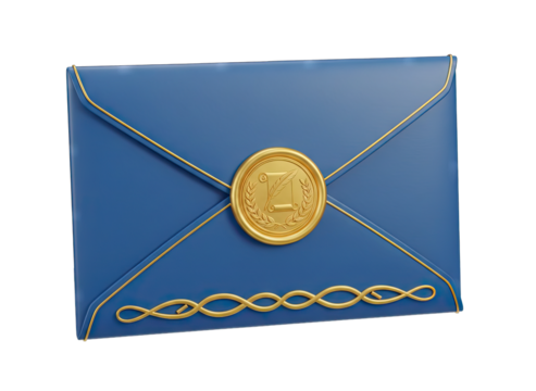 Elegant Blue Envelope Sealed With A Golden Emblem And Decorated With A Golden Chain Detail Isolated On Transparent Background - Powered by Adobe
