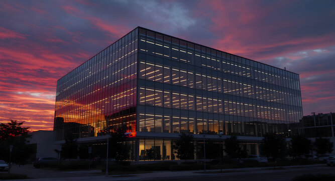 Modern Office Building at Sunset - A Symphony of Glass and Light. - Powered by Adobe