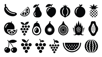 Assorted fresh organic fruits collection healthy eating diet nutrition black glyphs
