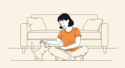 Illustrative vector art portraying a serene moment between a woman and her cat at home