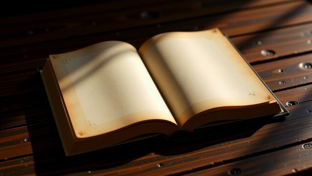 Open vintage book on wooden table with sunlight