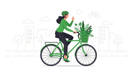 Eco-Friendly Commuting: A Woman Cycling Through the City with Plants in Basket Promoting