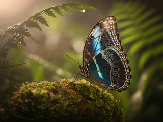Blue morpho butterfly with eye-spot patterns on mossy surface in soft light insect lepidoptera