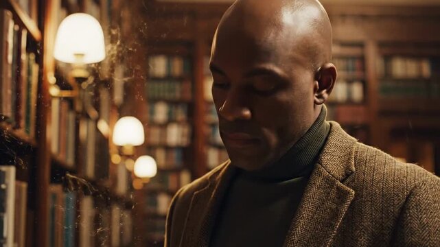 bald guy - A thoughtful man in a library examines a book closely, surrounded by shelves filled with books. The warm lighting creates a cozy atmosphere, enhancing the pursuit of knowledge