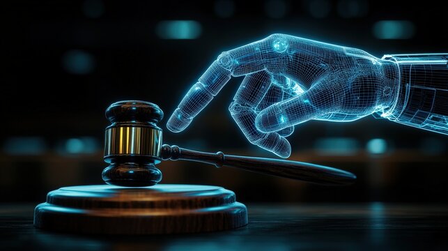 A digital hand points at a gavel, symbolizing the intersection of technology and justice in a futuristic legal context.