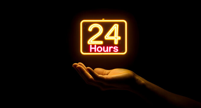 Illuminated 24 Hours Sign Held in Hand Against Dark Background.
