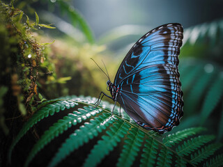 Blue morpho butterfly resting on a vibrant green fern leaf in a misty forest insect lepidoptera