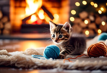cute kitten playing with yarn in cozy room