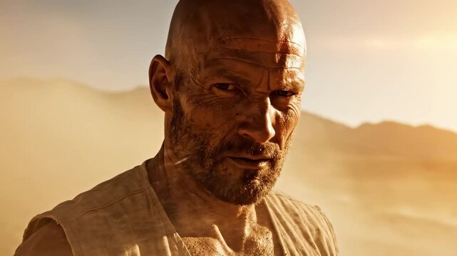 bald guy - A rugged, bald man stares intensely into the distance against a dusty, desolate landscape with a warm sunset background, conveying a sense of resilience and survival