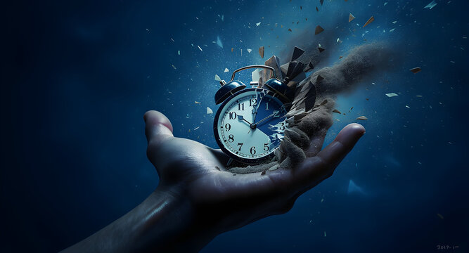 Surreal Hand Holding Exploding Clock - Capturing the Essence of Times Fragility and Decay.