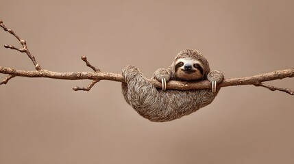 Obraz premium Adorable Sloth Hanging Upside Down on a Tree Branch with a Gentle Smile.