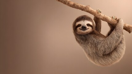 Obraz premium Adorable Sloth Hanging Upside Down on a Branch with a Gentle Smile.