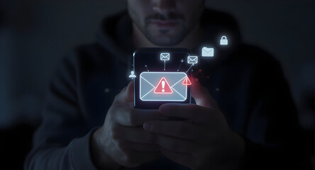 Man holding smartphone with digital email alert and security icons.