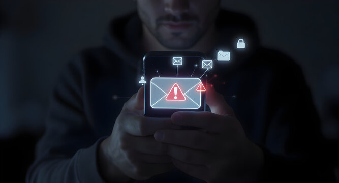 Man holding smartphone with digital email alert and security icons.