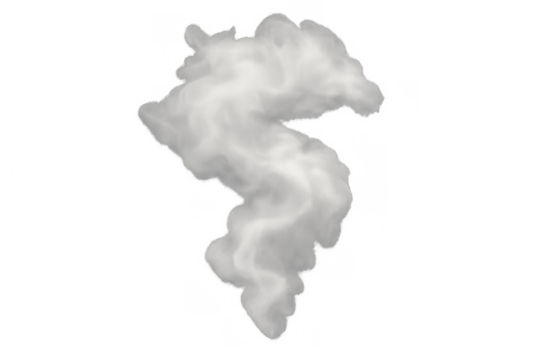 White smoke or steam plume swirling against a transparent background. Concept of fog, mist, hot vapor, or abstract cloud